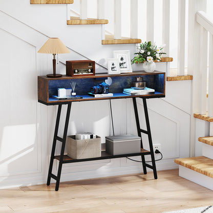 40" Console Table with Charging Station and LED Lights-Rustic Brown