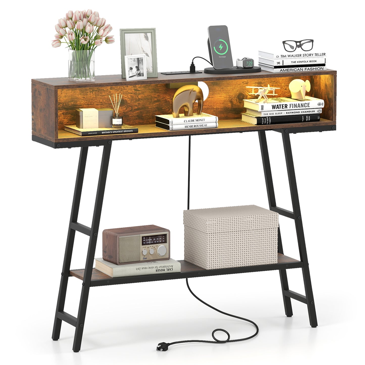 40" Console Table with Charging Station and LED Lights-Rustic Brown