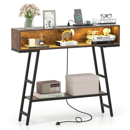 40" Console Table with Charging Station and LED Lights-Rustic Brown