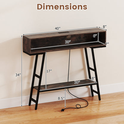 40" Console Table with Charging Station and LED Lights-Rustic Brown