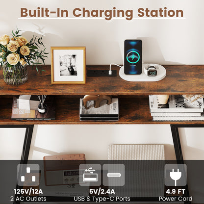 40" Console Table with Charging Station and LED Lights-Rustic Brown
