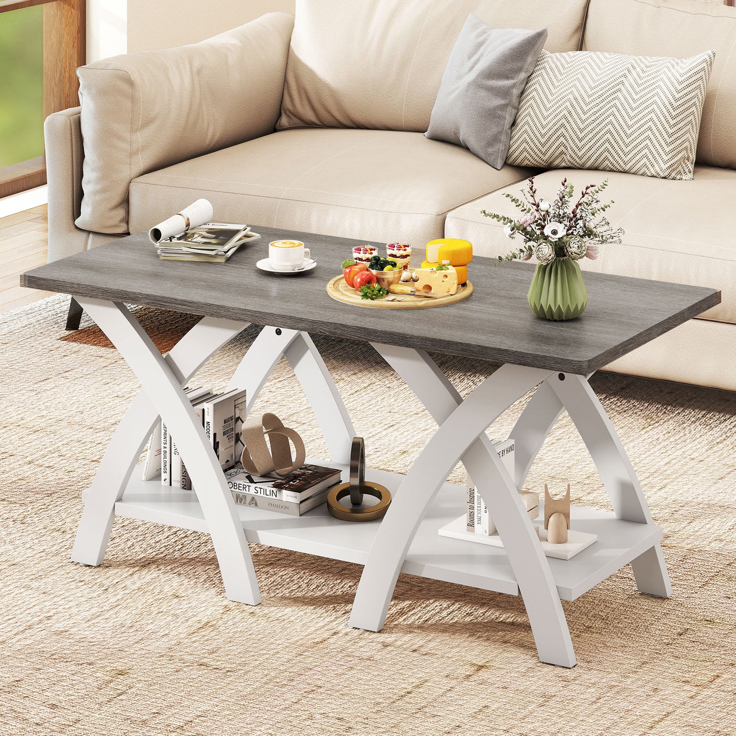 40 Inch Farmhouse Wooden Coffee Table with Storage Shelf with X-shaped Legs-Gray