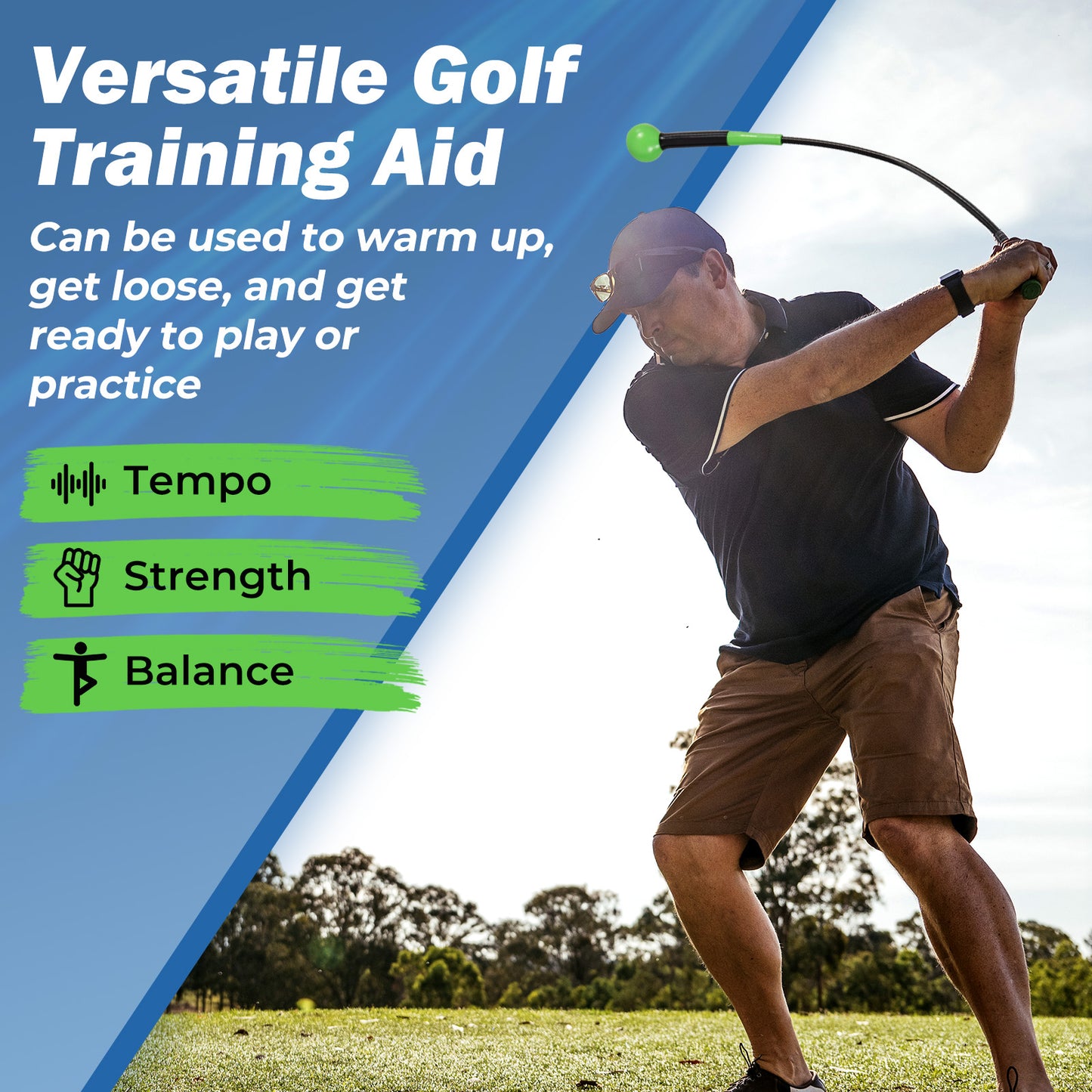 40 Inch Golf Swing Trainer Aid with Weighted Head for Grip Rhythm Balance-Green