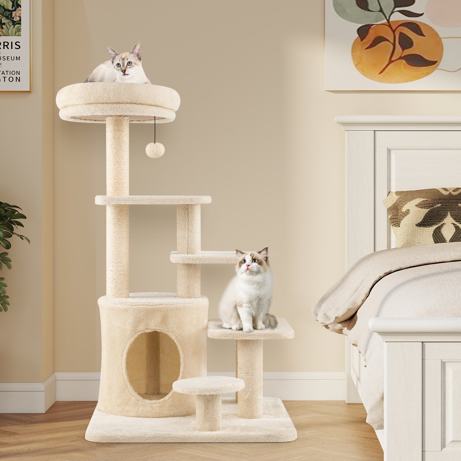 40 Inch Multi-level Cat Tower with Condo and Dangling Jingle Ball-Beige