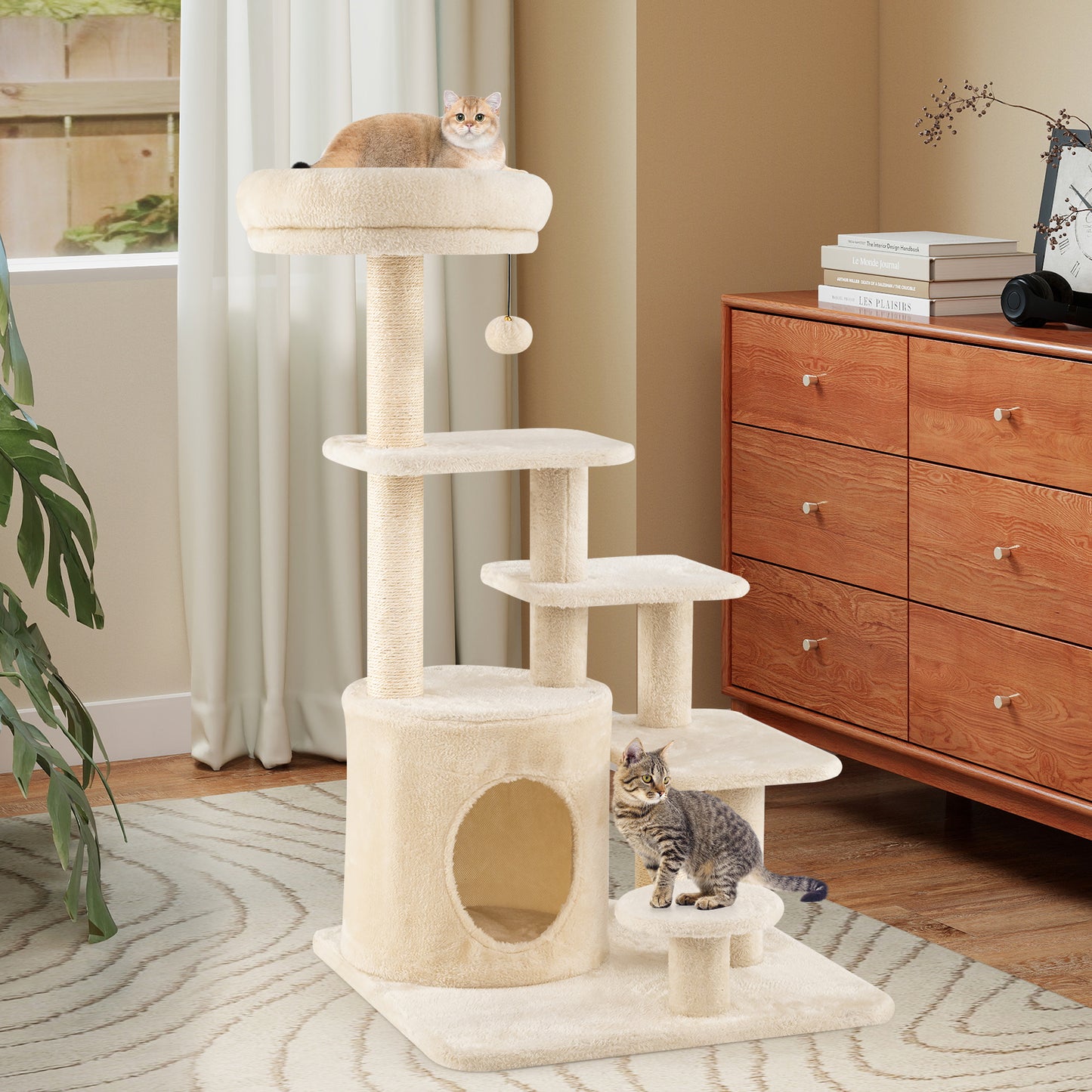 40 Inch Multi-level Cat Tower with Condo and Dangling Jingle Ball-Beige