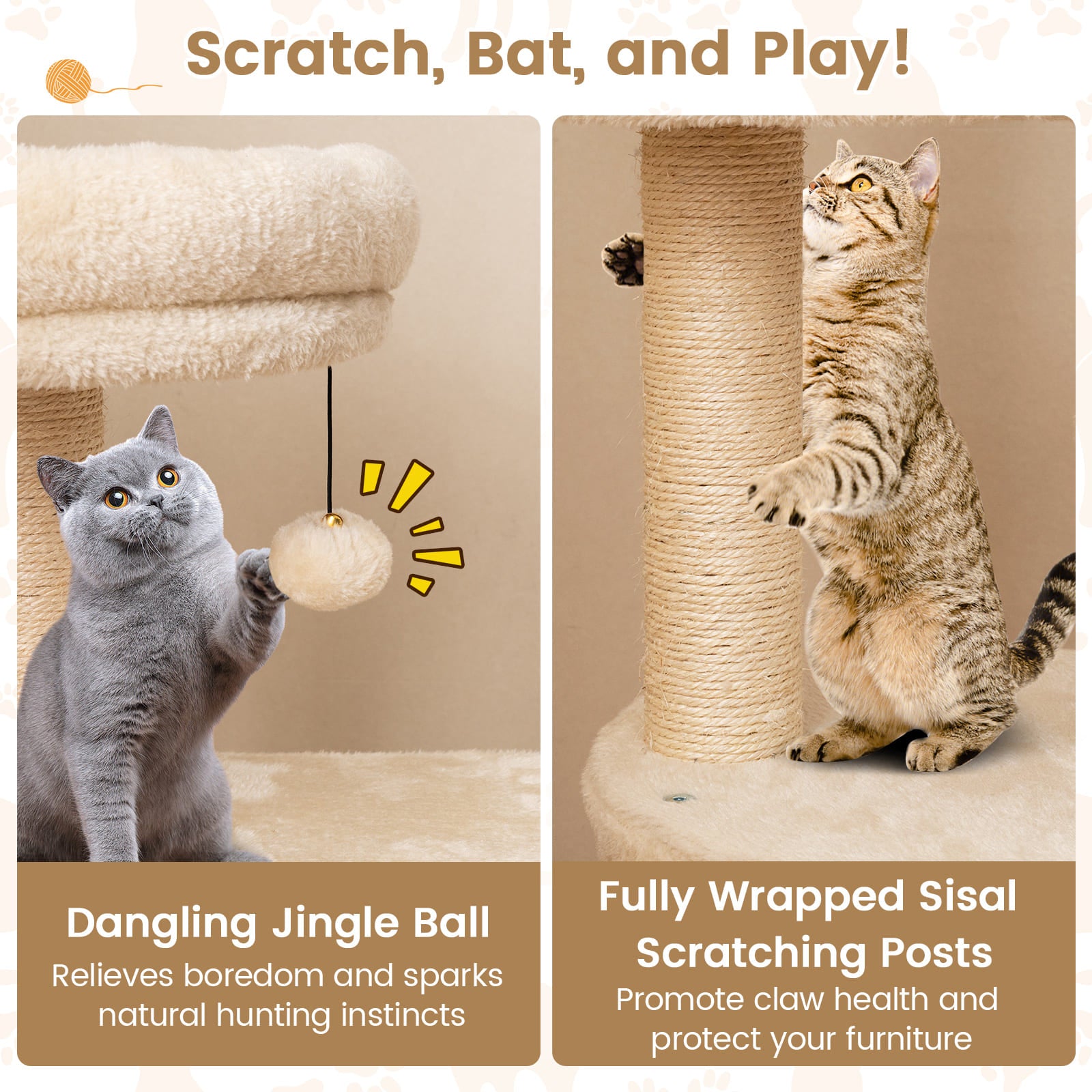 40 Inch Multi-level Cat Tower with Condo and Dangling Jingle Ball-Beige