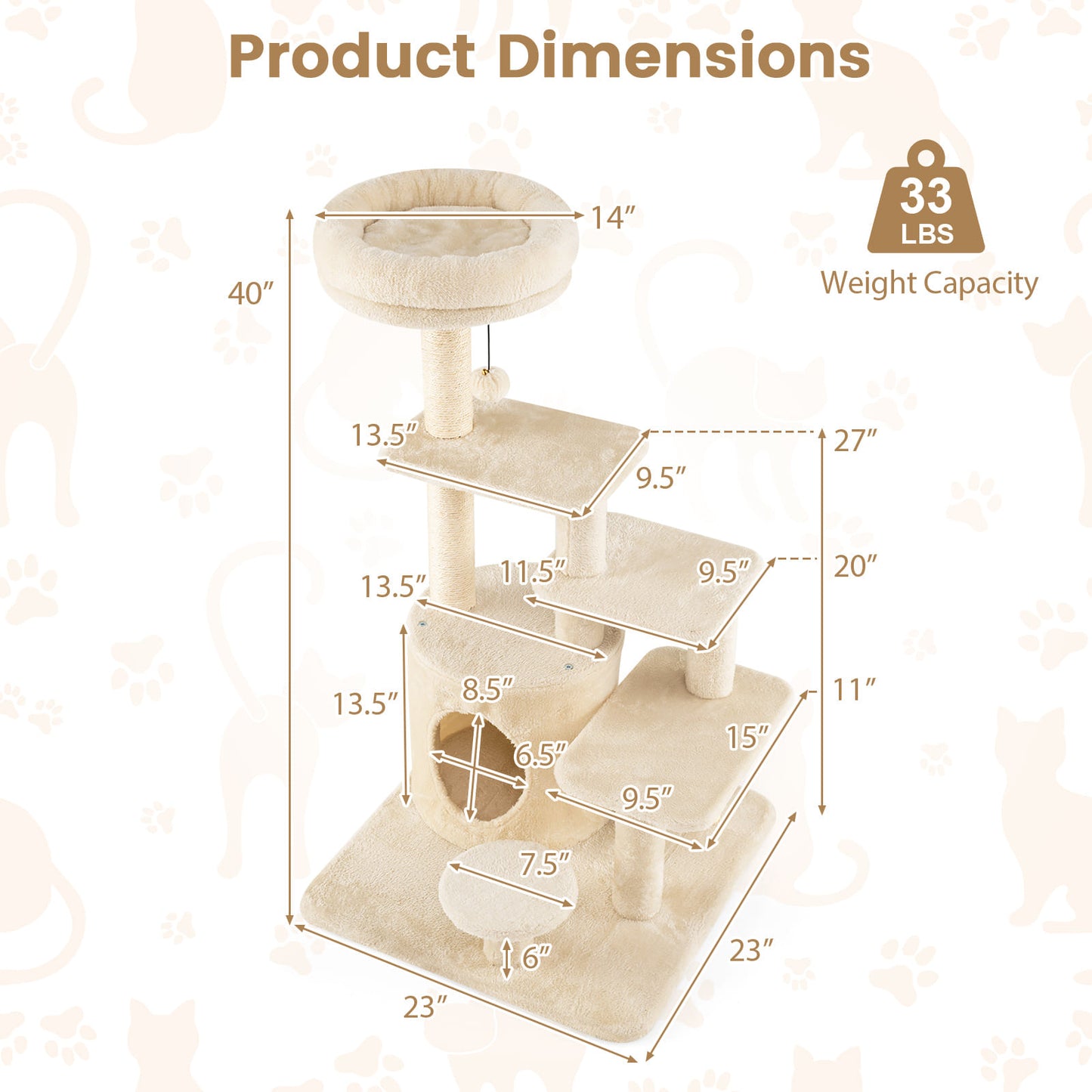 40 Inch Multi-level Cat Tower with Condo and Dangling Jingle Ball-Beige