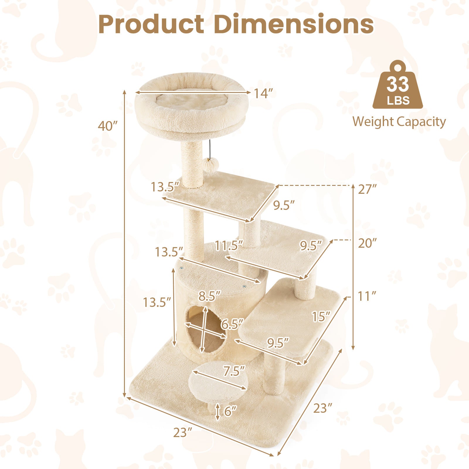 40 Inch Multi-level Cat Tower with Condo and Dangling Jingle Ball-Beige