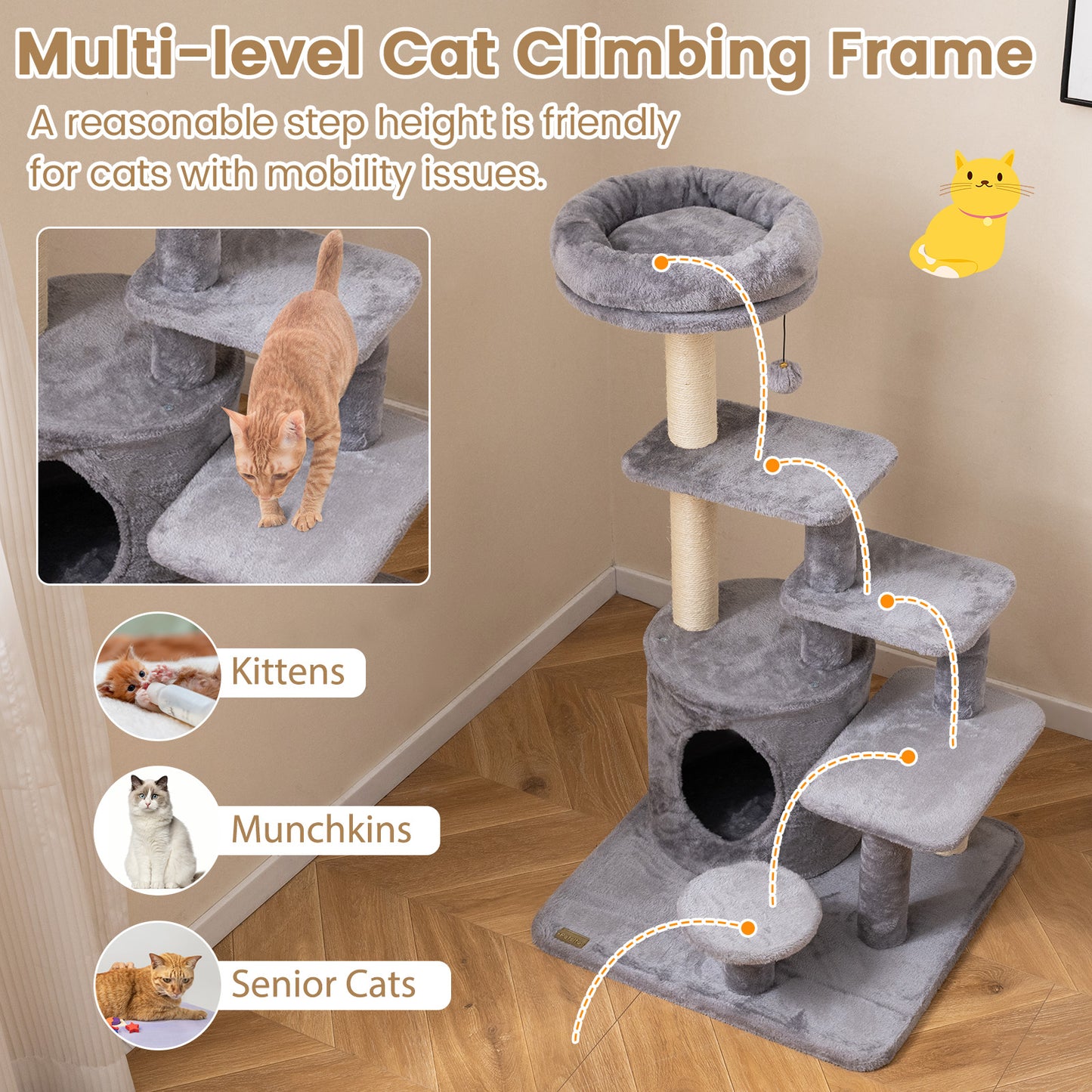 40 Inch Multi-level Cat Tower with Condo and Dangling Jingle Ball-Gray