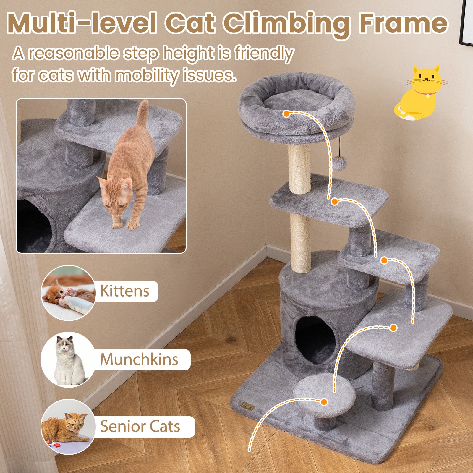 40 Inch Multi-level Cat Tower with Condo and Dangling Jingle Ball-Gray