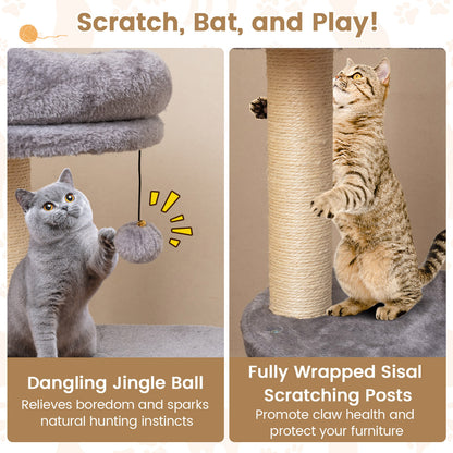 40 Inch Multi-level Cat Tower with Condo and Dangling Jingle Ball-Gray
