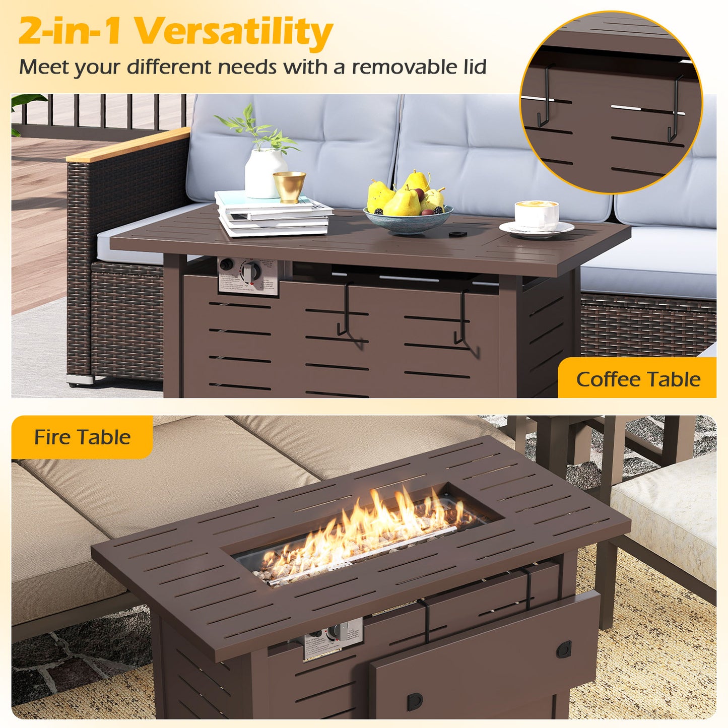 40 Inch Outdoor Propane Fire Pit Rectangle Gas Fire Table with Lava Rocks-Brown