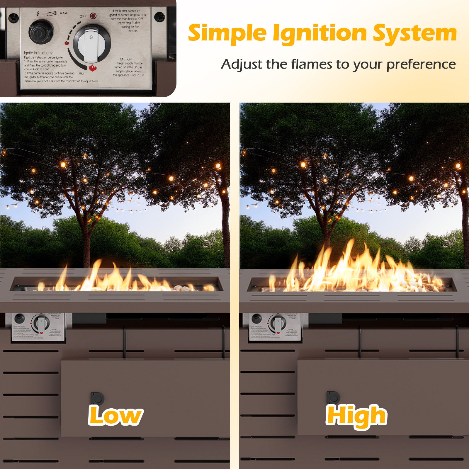 40 Inch Outdoor Propane Fire Pit Rectangle Gas Fire Table with Lava Rocks-Brown