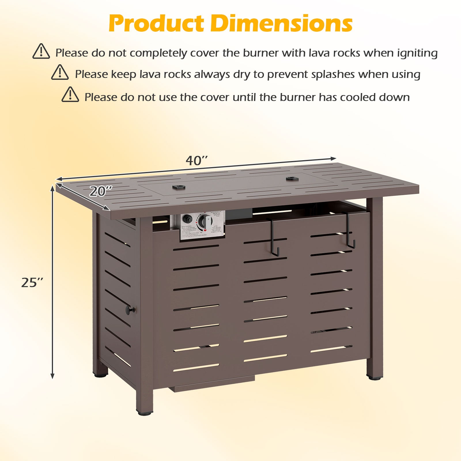 40 Inch Outdoor Propane Fire Pit Rectangle Gas Fire Table with Lava Rocks-Brown
