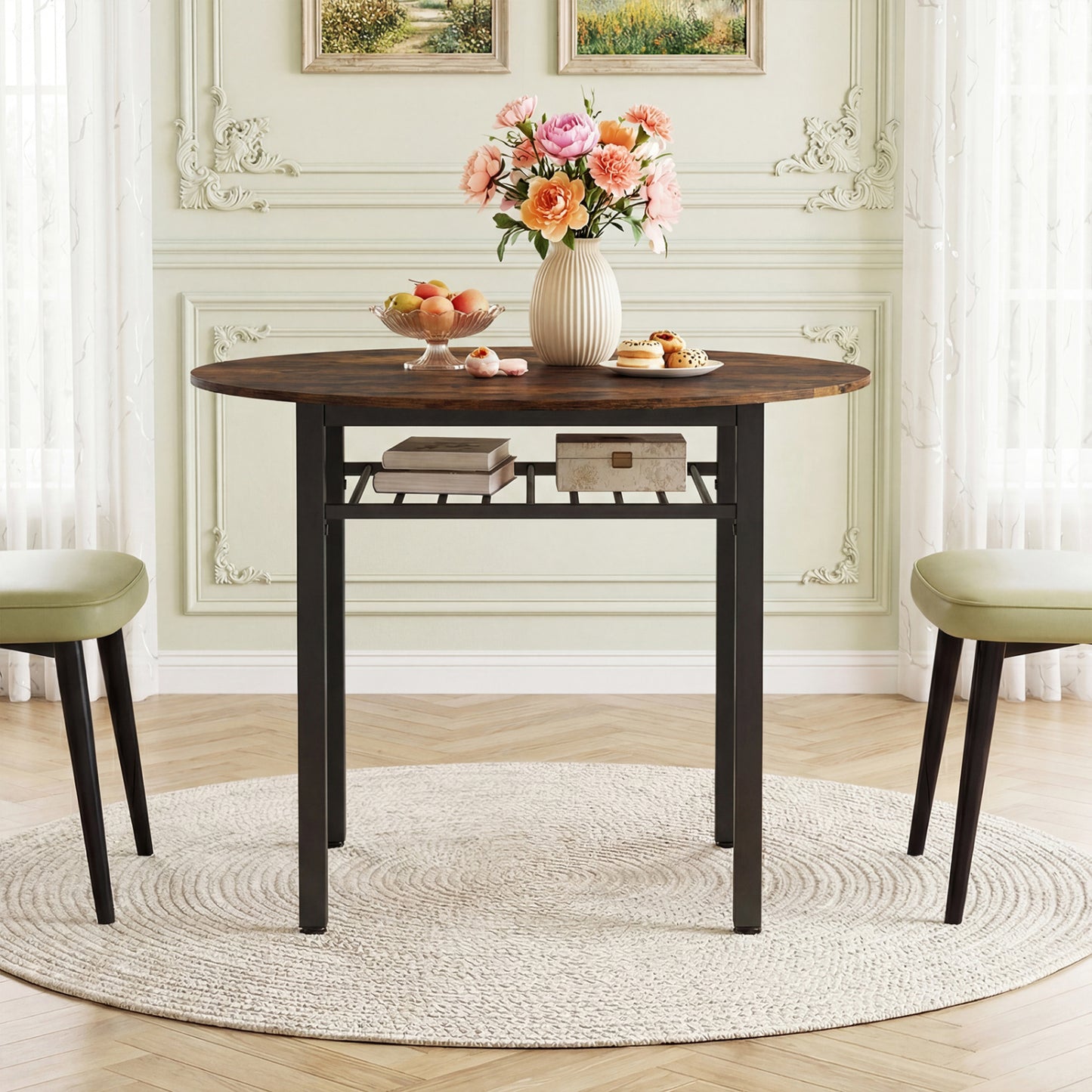 40" Round Dining Table with Storage Shelf for 4 People