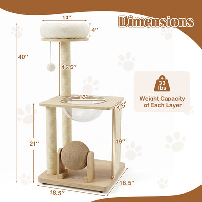 40" Solid Wood Cat Tree with Space Capsule & Sisal Posts
