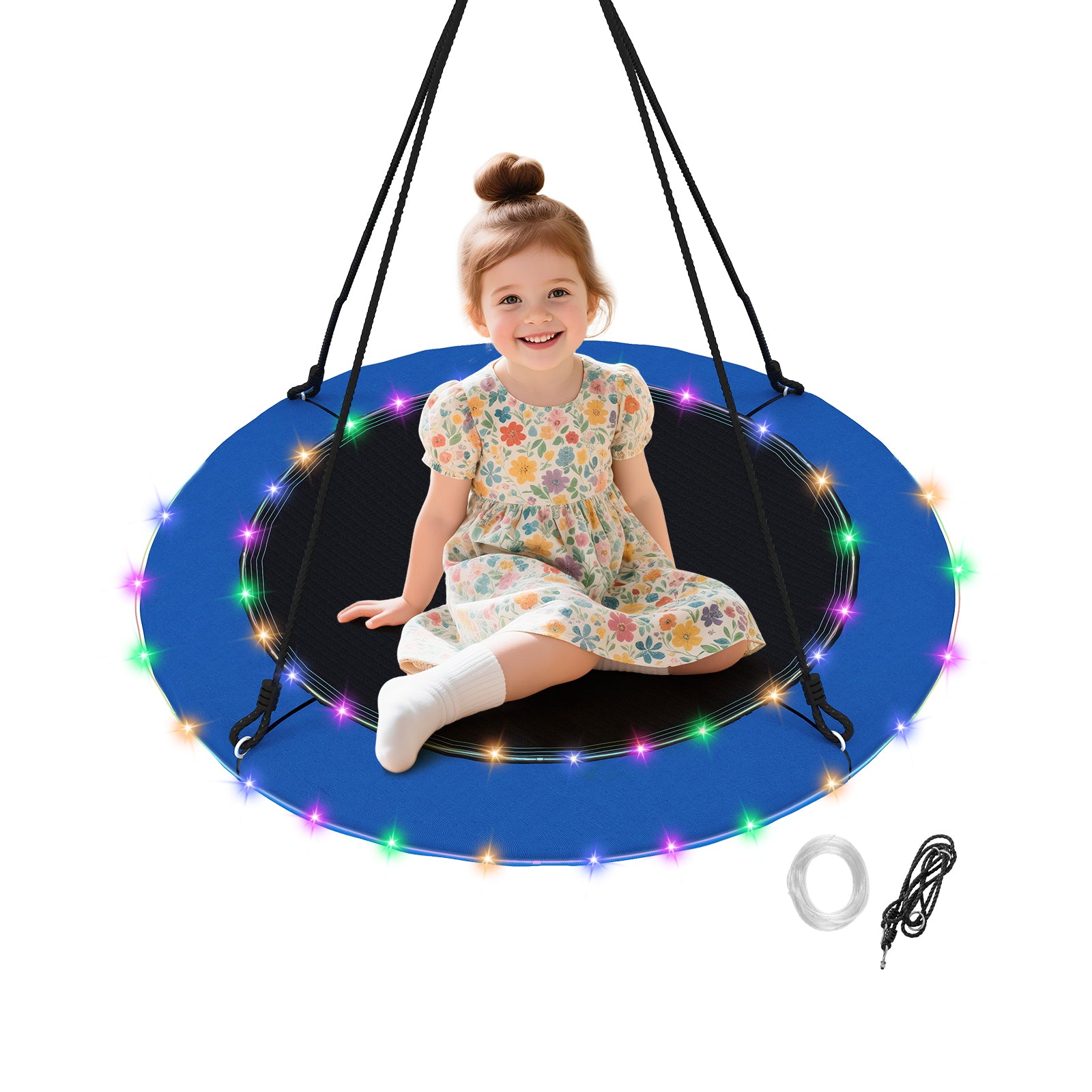 40 Inches Saucer Tree Swing Round with Lights for Kids and Adults-Navy - Blue