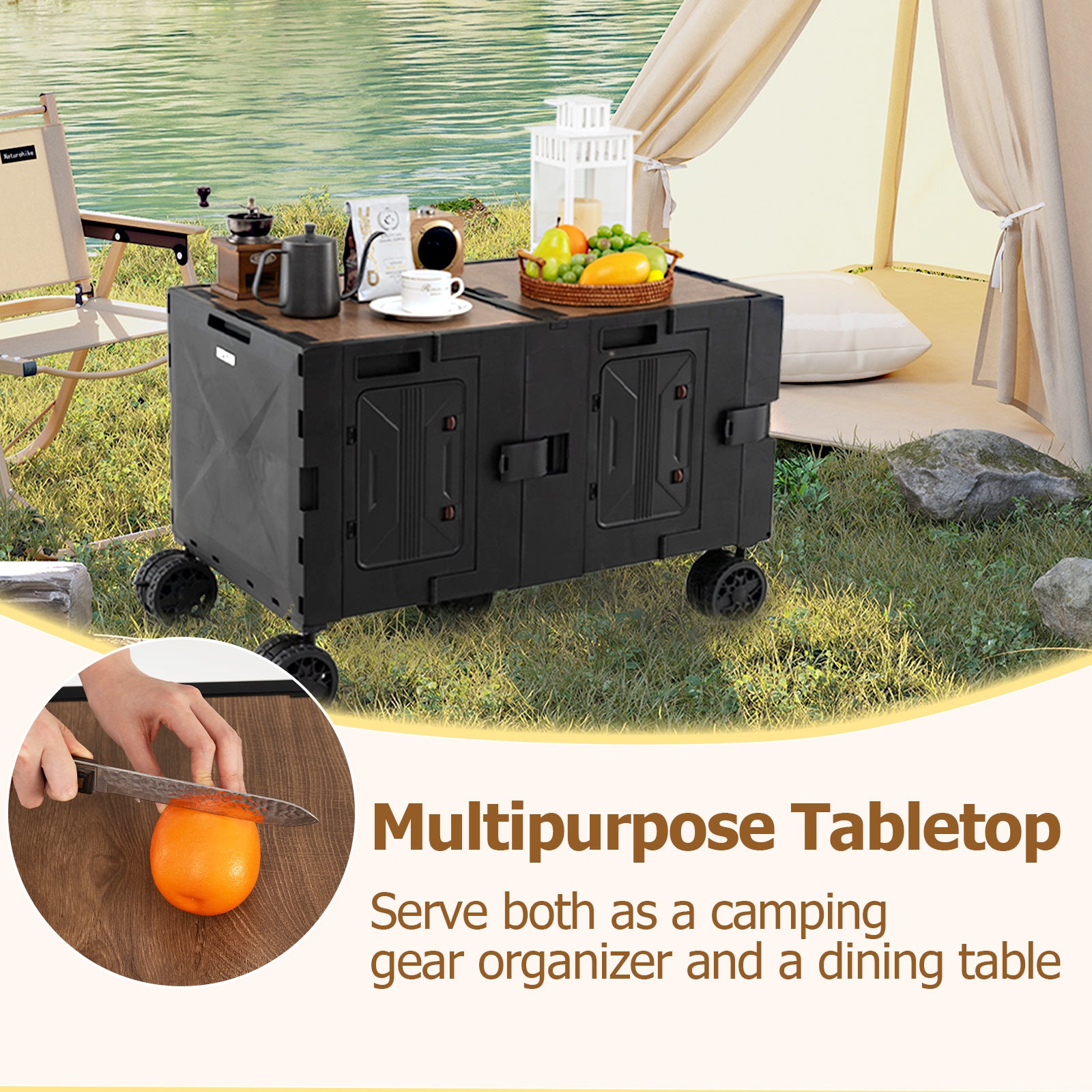 Large Foldable Utility Cart with 2-Tier Storage Crates and Telescoping Handle-Black