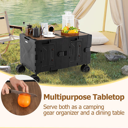Large Foldable Utility Cart with 2-Tier Storage Crates and Telescoping Handle-Black