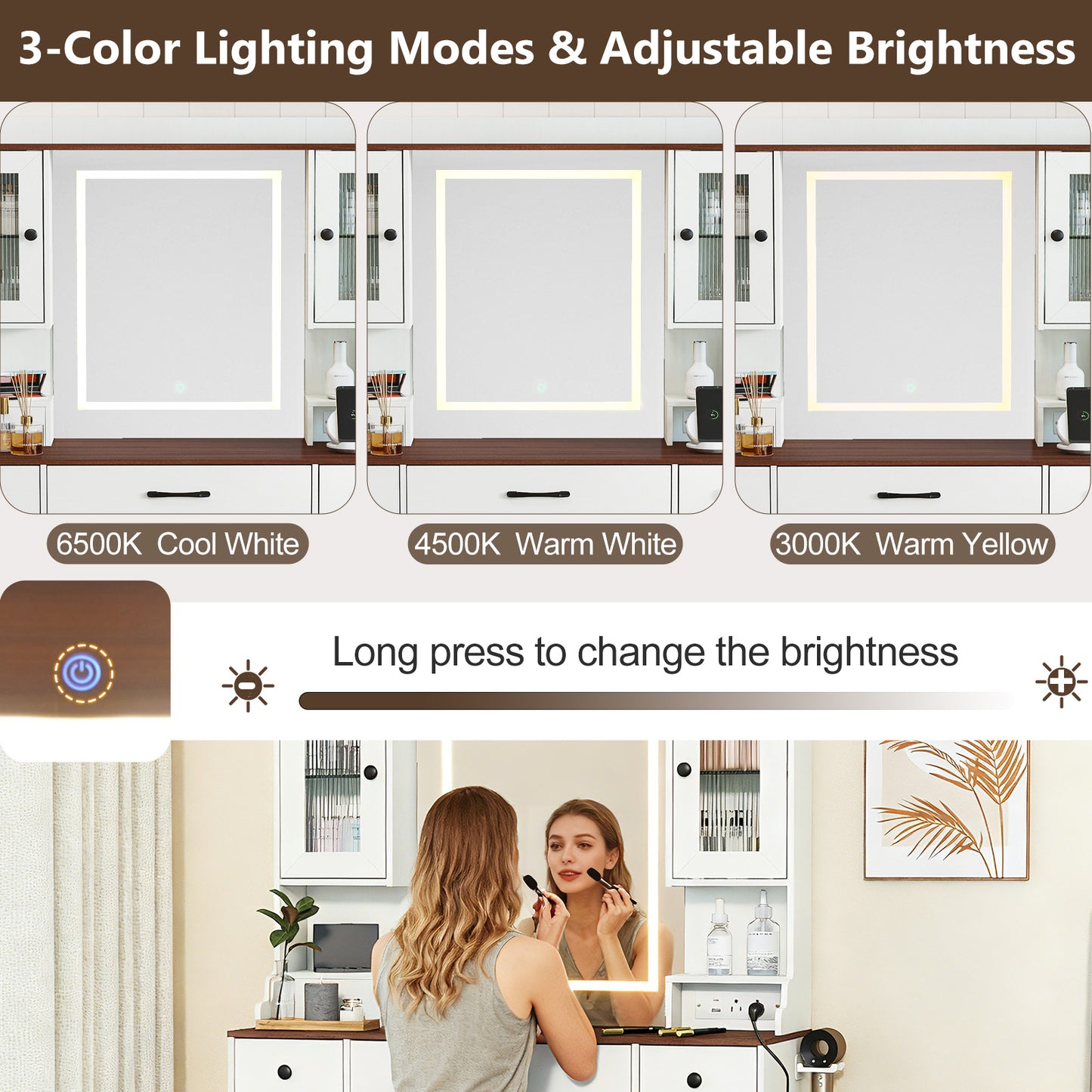 41.5 Inch Makeup Dressing Table with Power Outlets and 3 Color Lighting Modes-White+