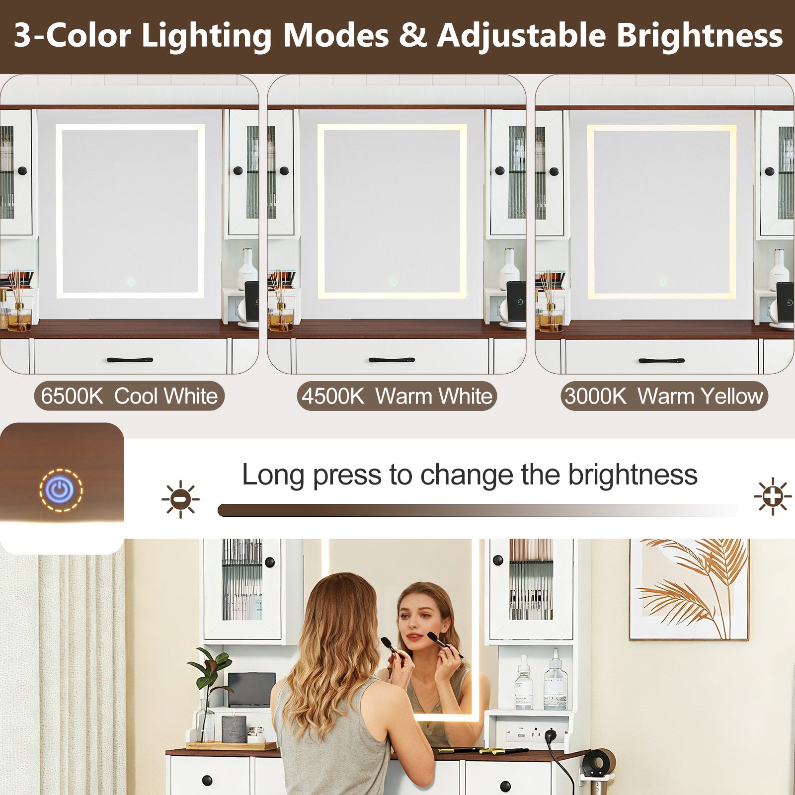 41.5 Inch Makeup Dressing Table with Power Outlets and 3 Color Lighting Modes-White+