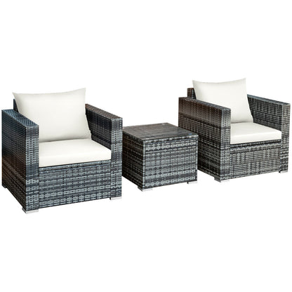 3 Pcs Patio Rattan Furniture Bistro Sofa Set with Cushioned-Navy - White
