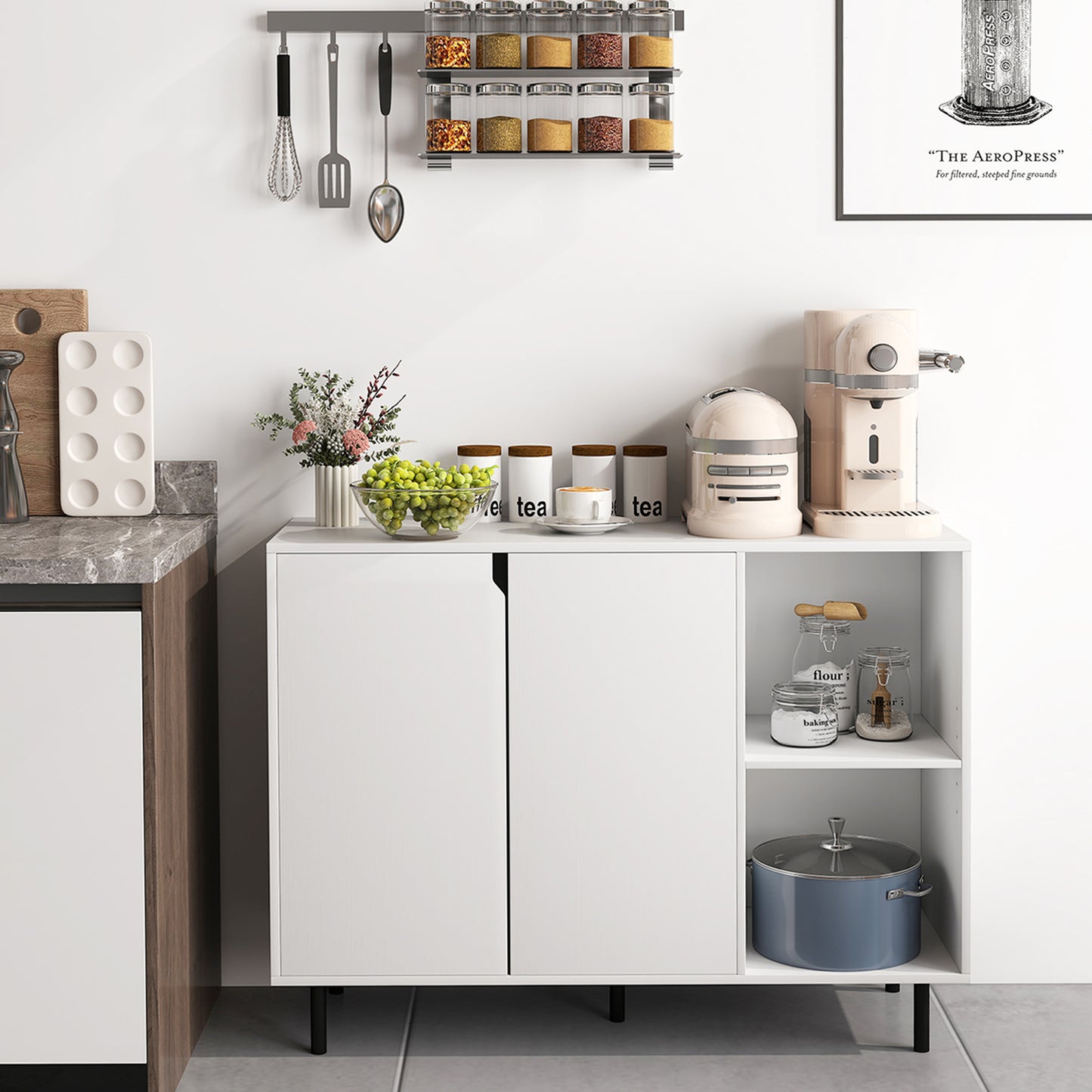 42 Inch Sideboard Buffet Cabinet Kitchen with Adjustable Shelves-White