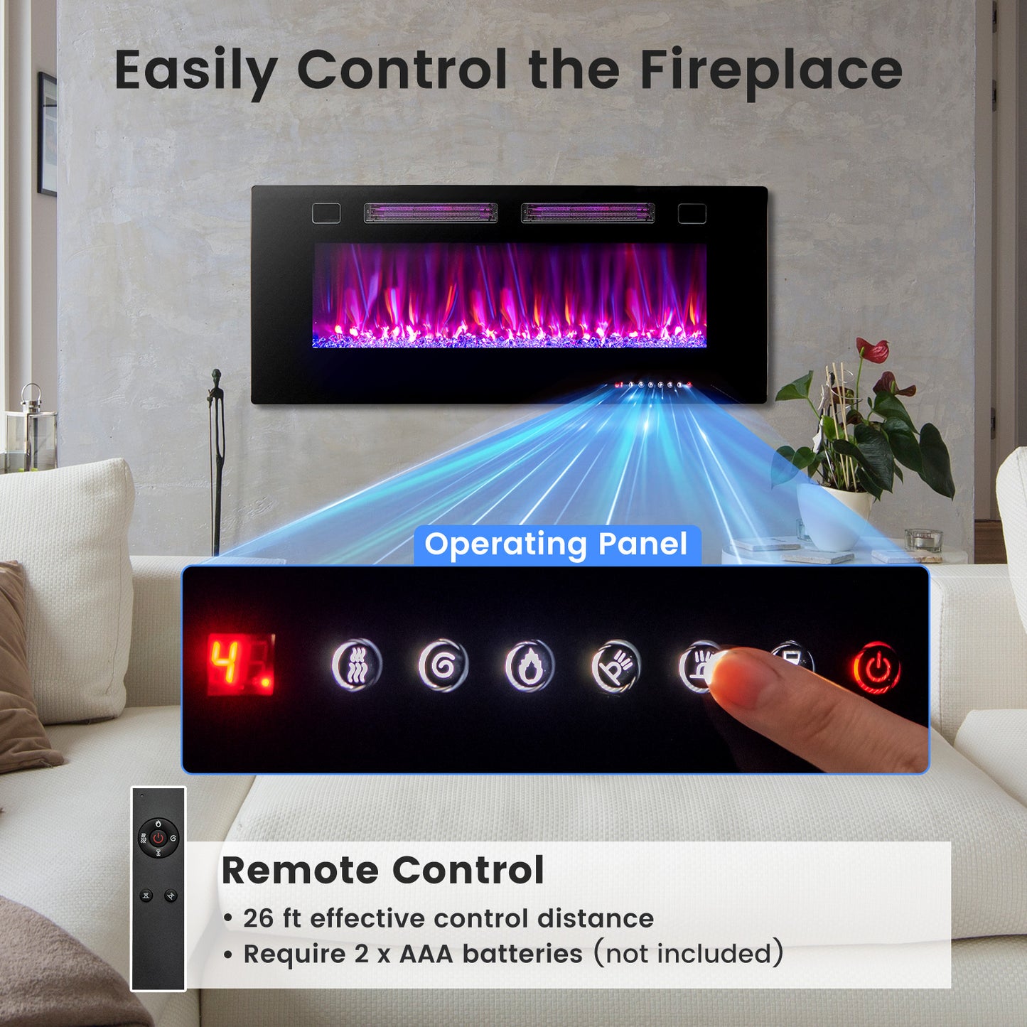42/50/60/72 Inch Ultra-Thin Electric Fireplace with Decorative Crystals-50 inches