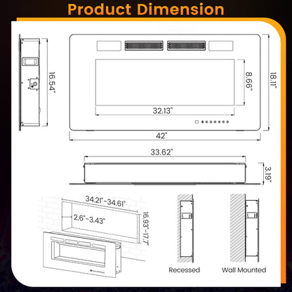 42/50/60/72 Inch Ultra-Thin Electric Fireplace with Decorative Crystals-50 inches