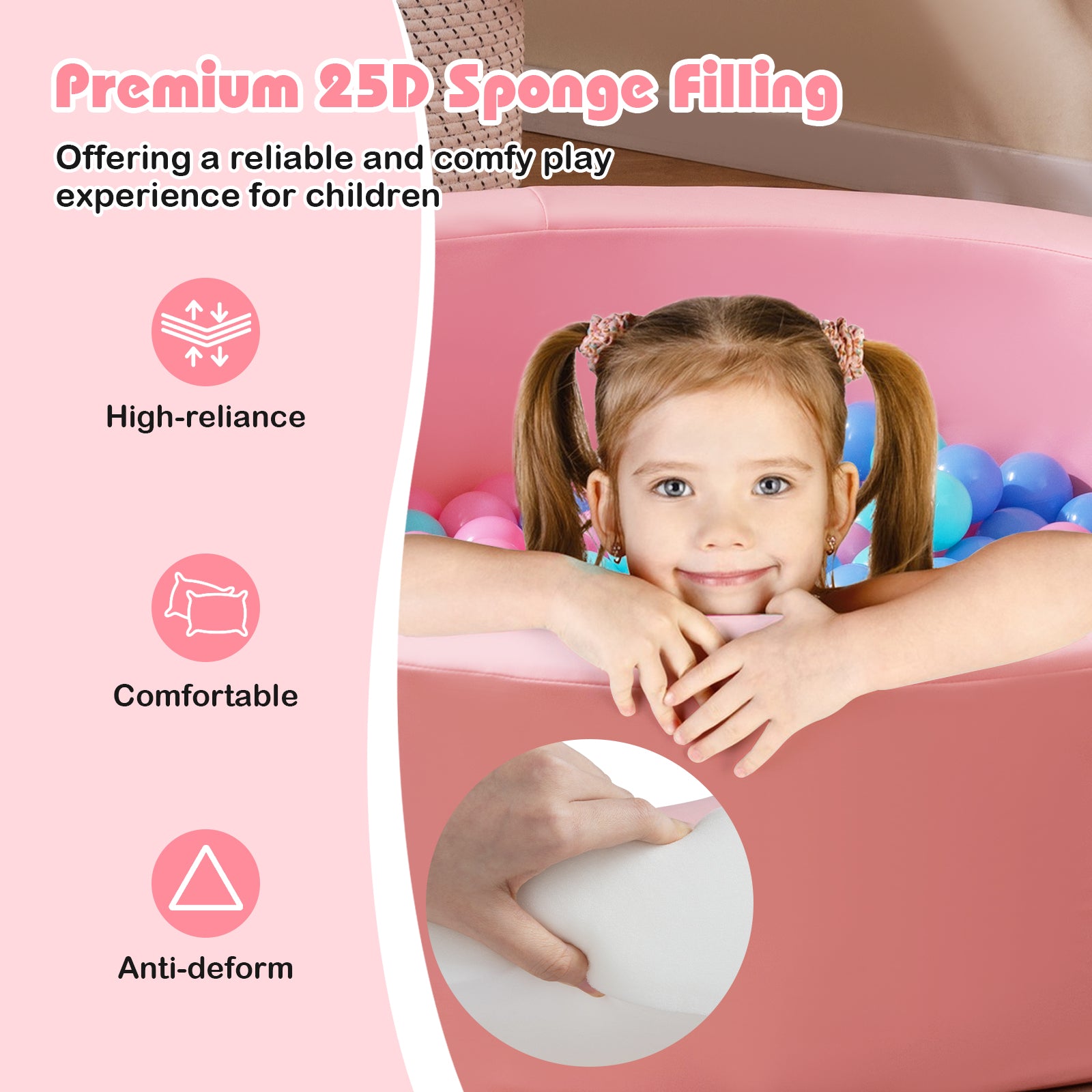 42.5 Inch Round Foam Ball Pits with 25D Sponge Filling and Washable PU Cover for Toddlers-Pink