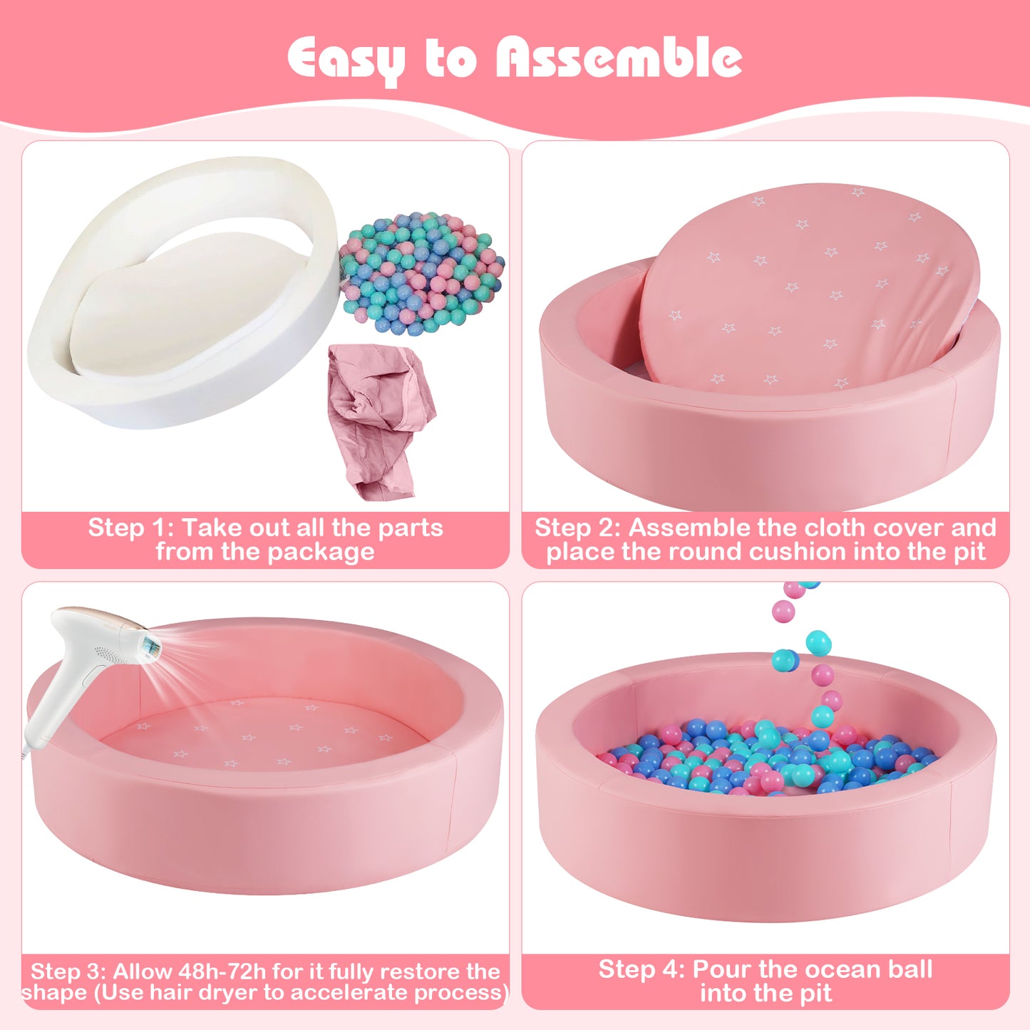 42.5 Inch Round Foam Ball Pits with 25D Sponge Filling and Washable PU Cover for Toddlers-Pink