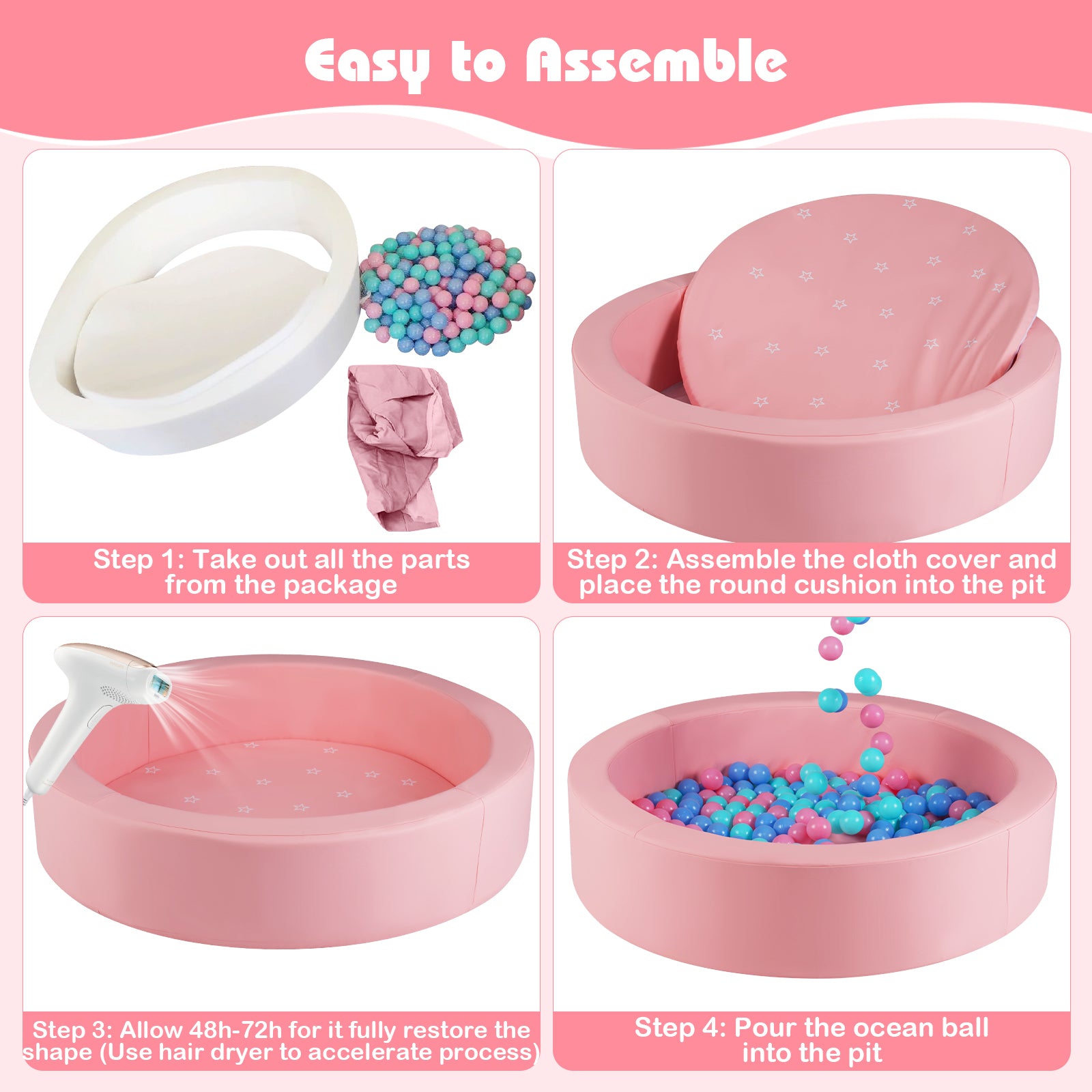 42.5 Inch Round Foam Ball Pits with 25D Sponge Filling and Washable PU Cover for Toddlers-Pink