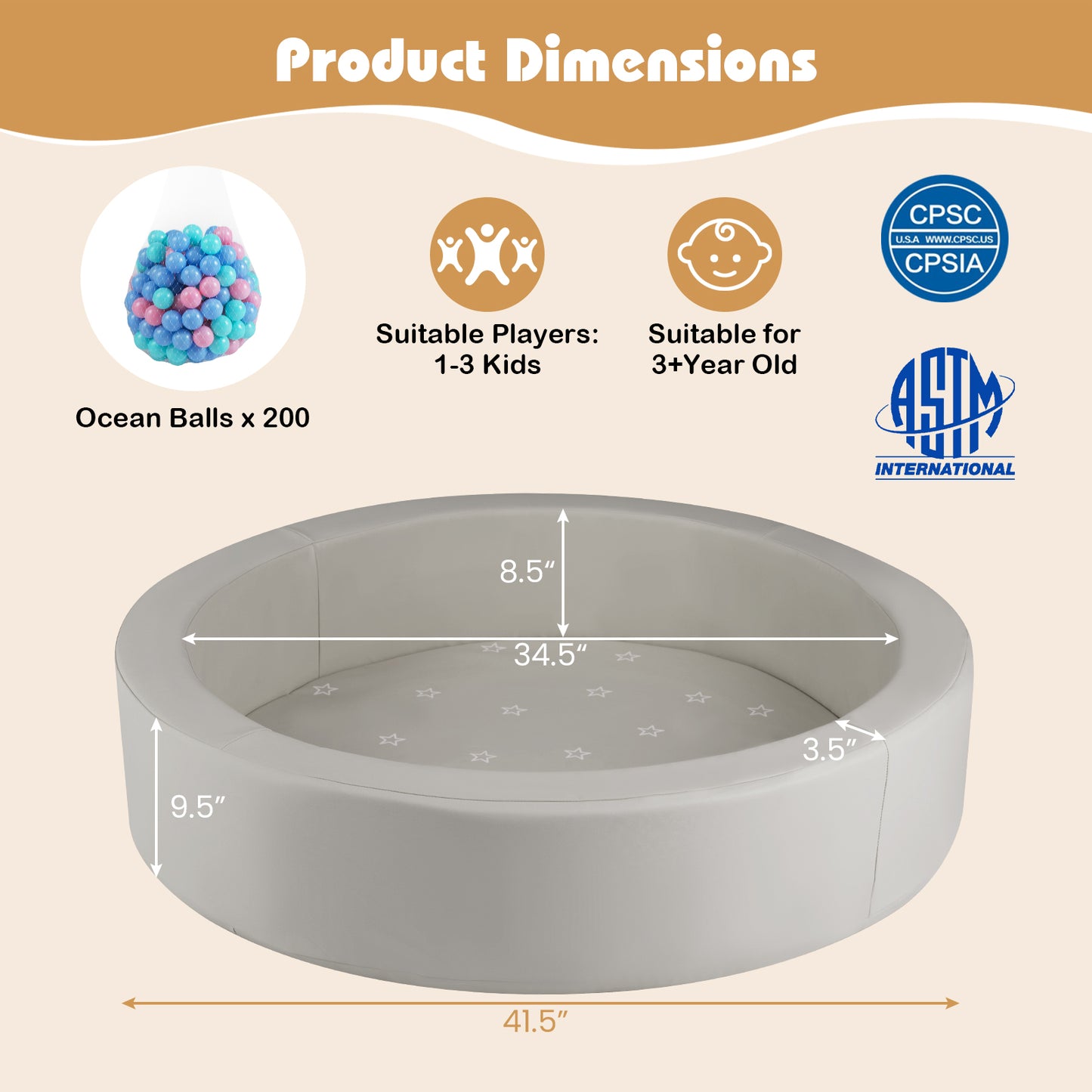 42.5 Inch Round Foam Ball Pits with 25D Sponge Filling and Washable PU Cover for Toddlers-Gray
