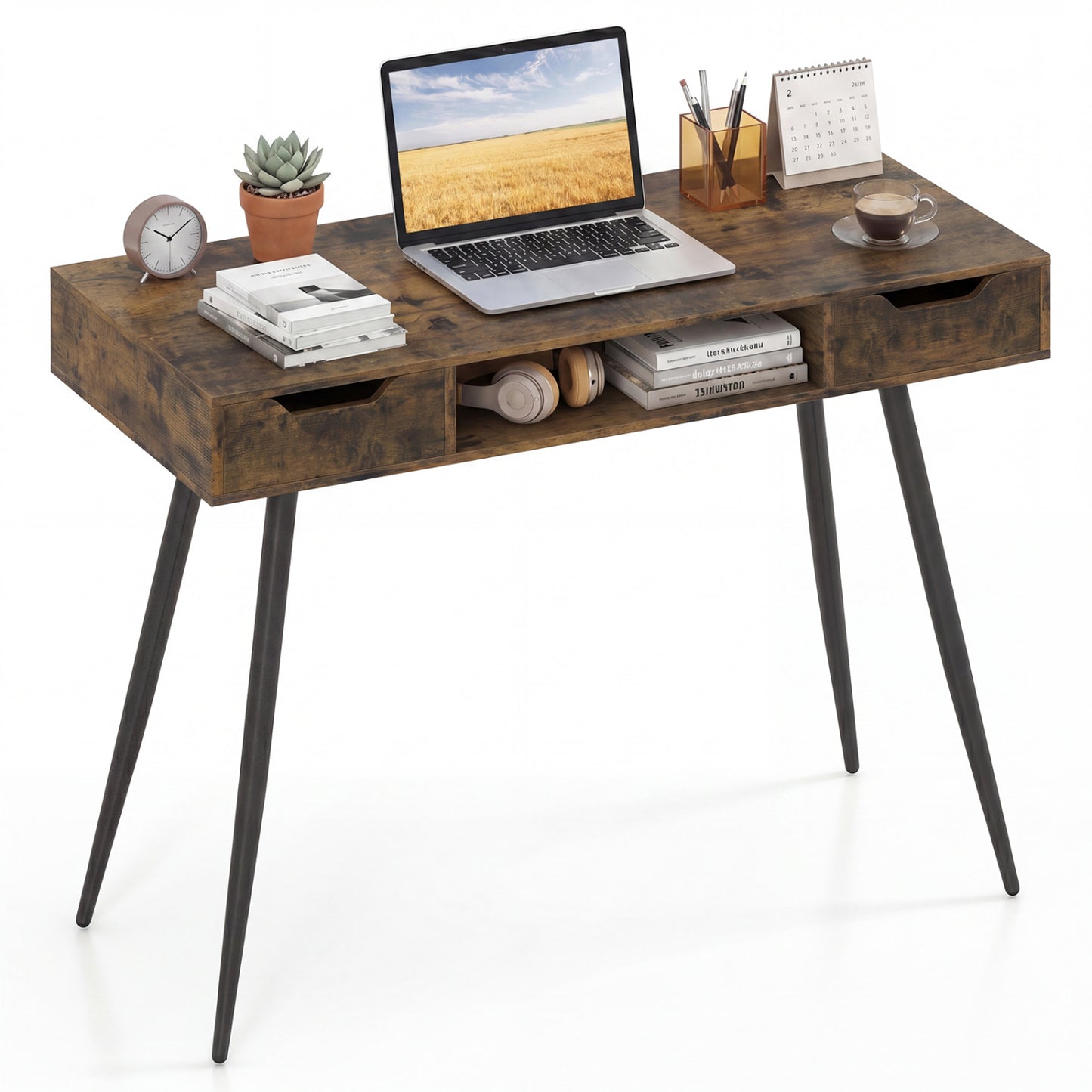 42.5" Mid Century Modern Writing Desk with Metal Leg and Drawers