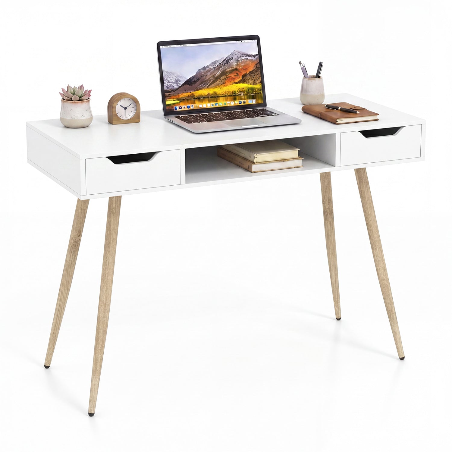 42.5" Mid Century Modern Writing Desk with Metal Leg and Drawers