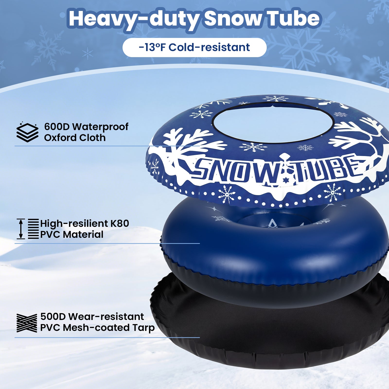 42" Heavy-duty Inflatable Snow Tube with Detachable Tow Strap-Blue