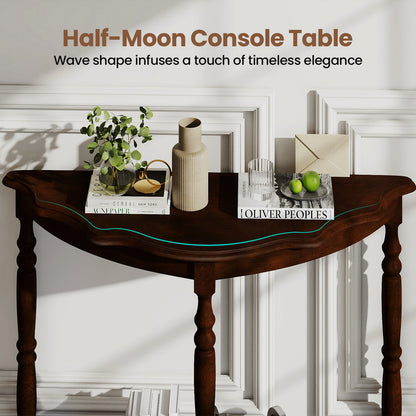 42 Inch Half Moon Console Table with Shelf and Rubber Wood Legs-Espresso