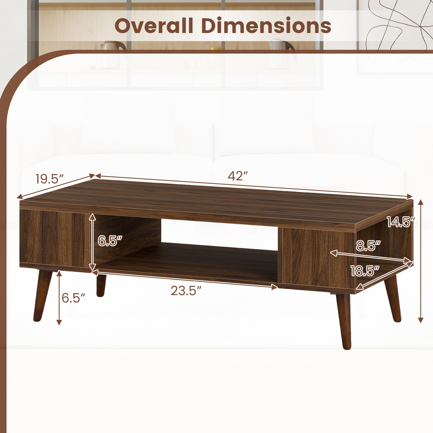 42 Inch Mid Century Modern Coffee Table Rectangular with Open Compartment-Walnut