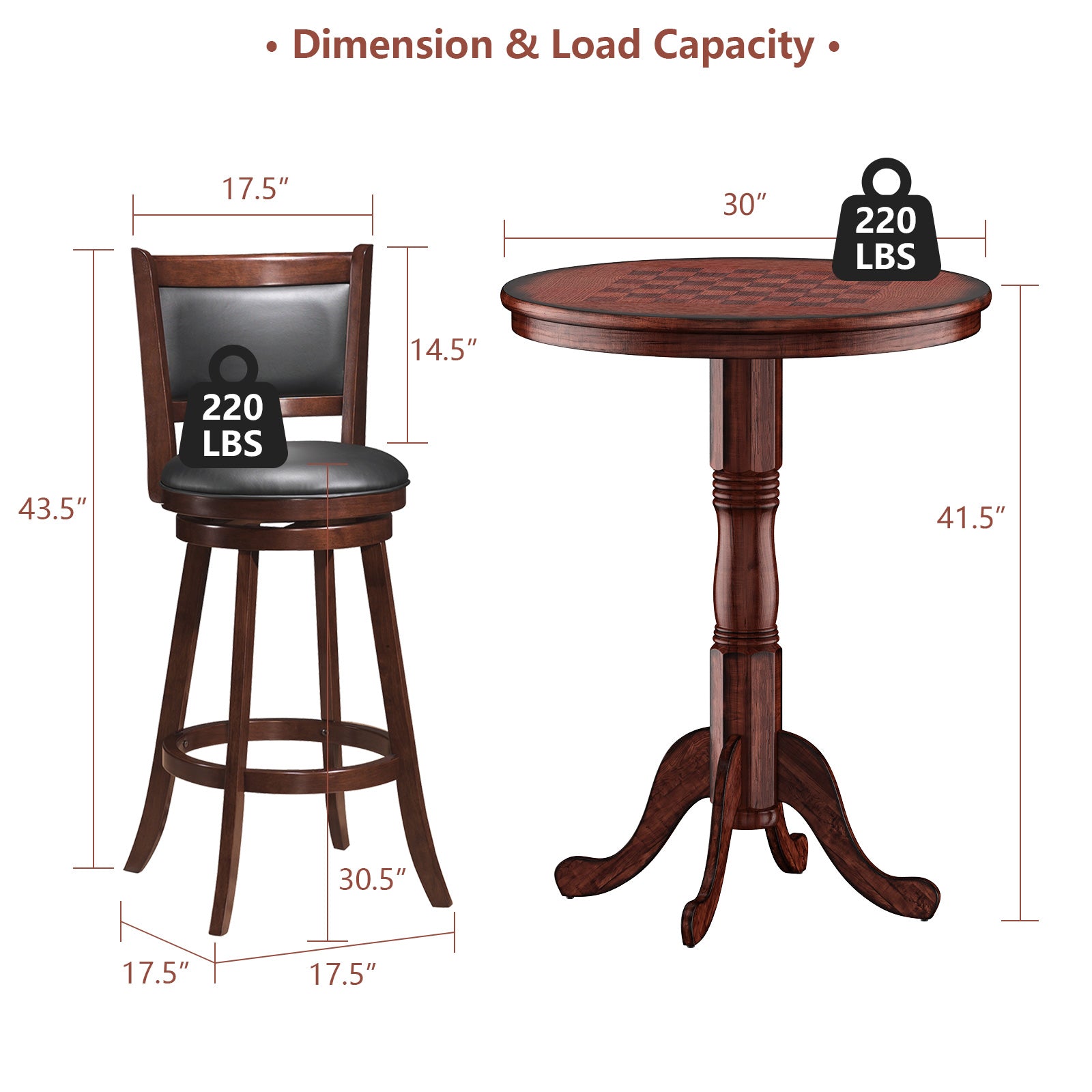 42 Inch Wooden Round Pub Pedestal Side Table with Chessboard