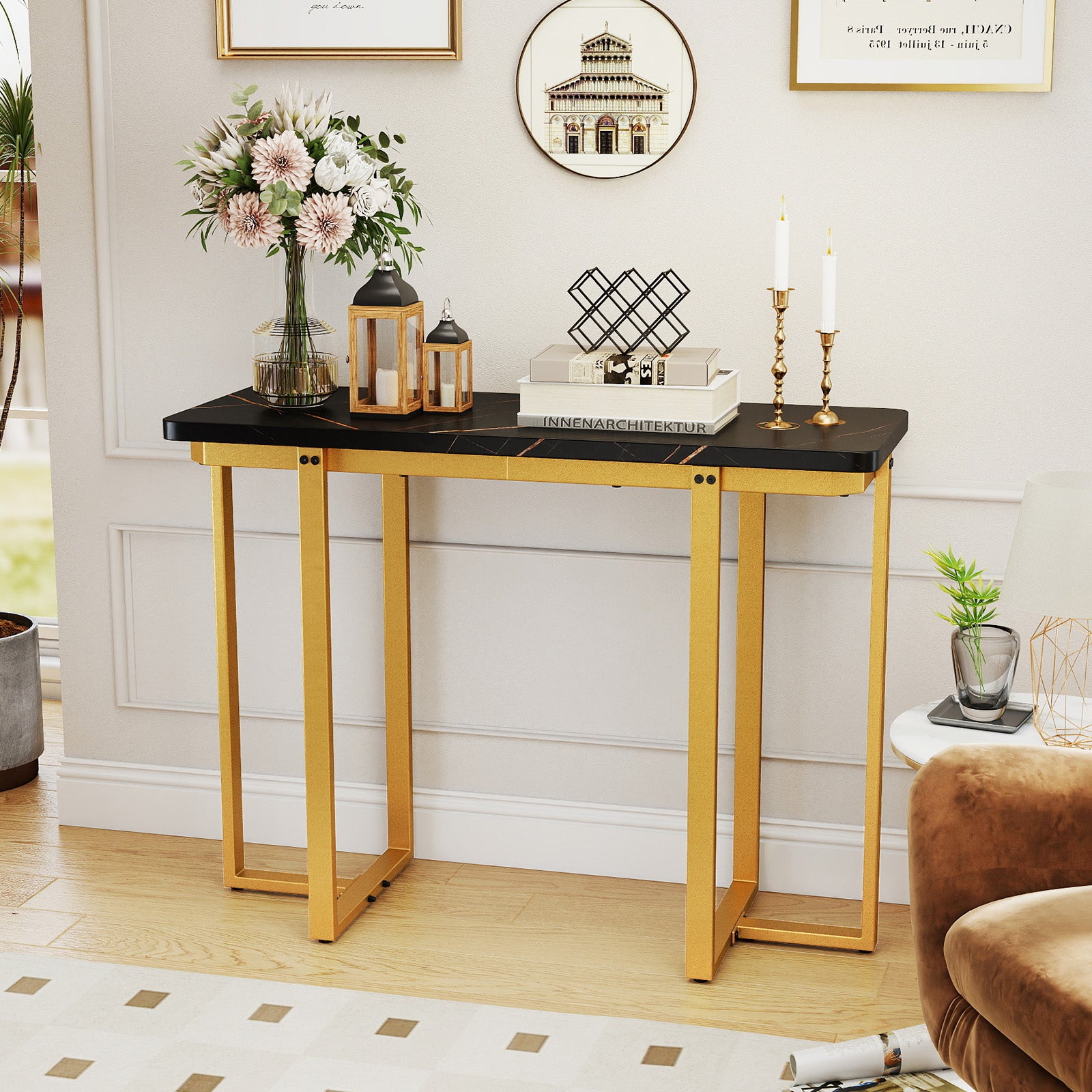 42 Inches Modern Faux Marble Entryway Table with Geometric Metal Frame-Black