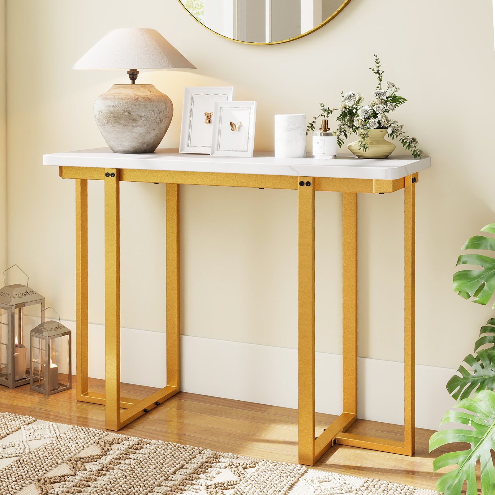 42 Inches Modern Faux Marble Entryway Table with Geometric Metal Frame-White