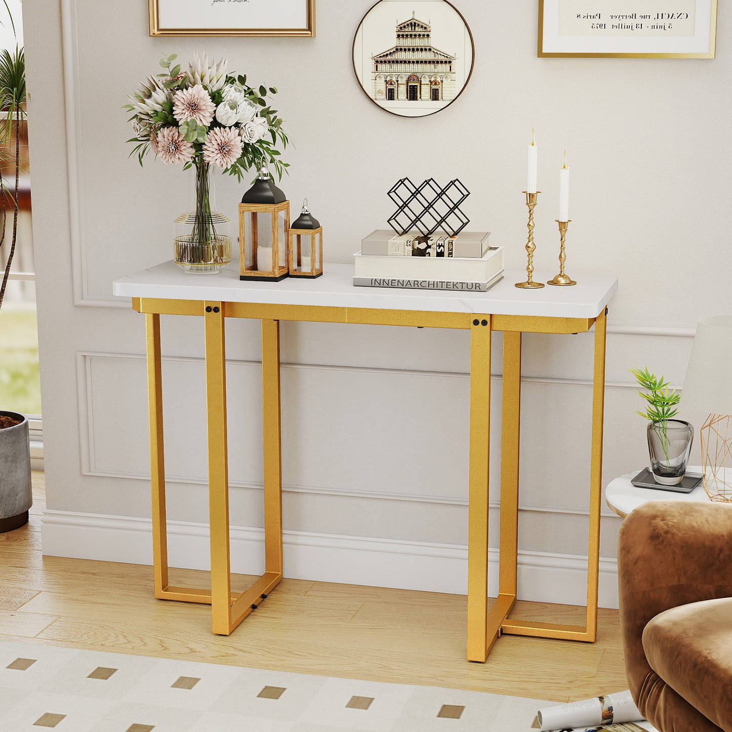 42 Inches Modern Faux Marble Entryway Table with Geometric Metal Frame-White