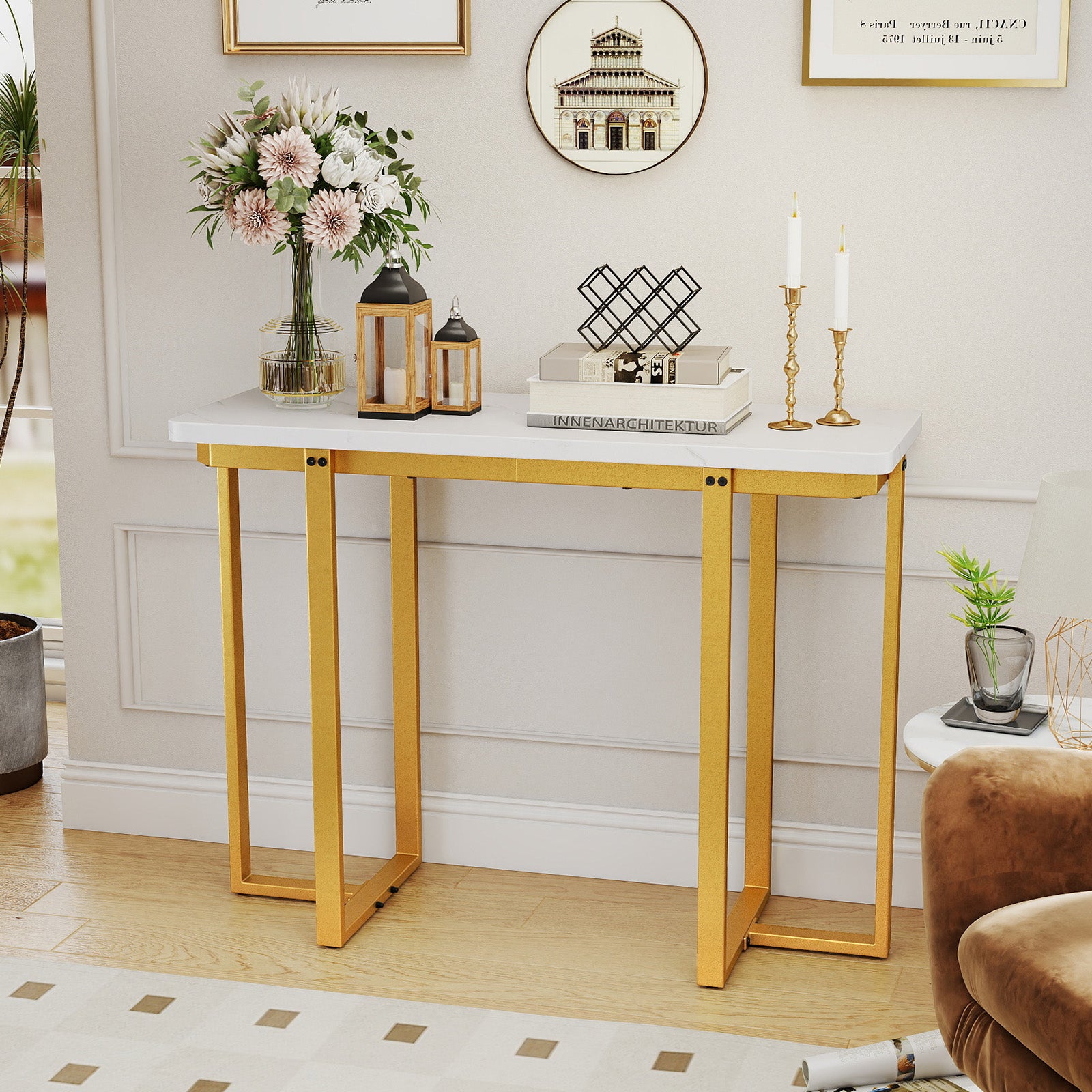 42 Inches Modern Faux Marble Entryway Table with Geometric Metal Frame-White