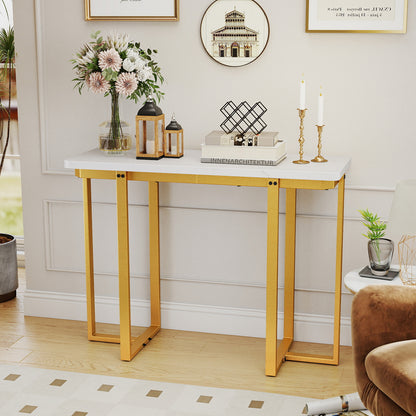 42 Inches Modern Faux Marble Entryway Table with Geometric Metal Frame-White