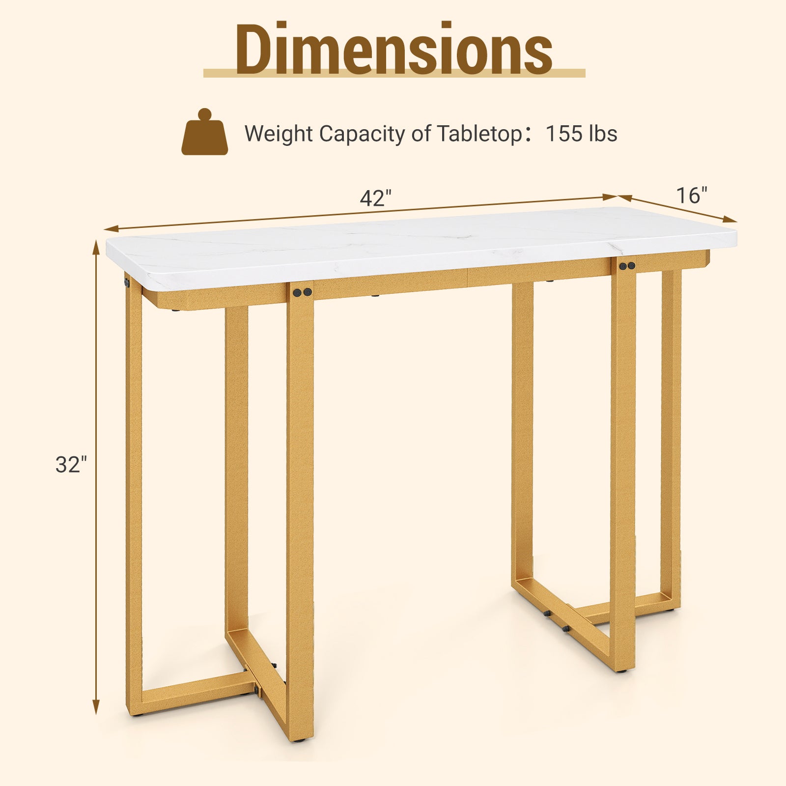 42 Inches Modern Faux Marble Entryway Table with Geometric Metal Frame-White