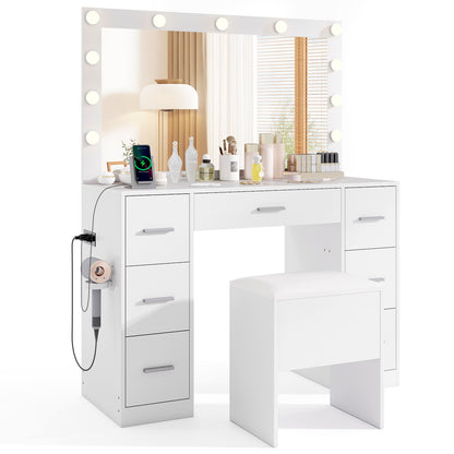 43.5-Inche Vanity Desk with Mirror and Lights for Bedroom-White
