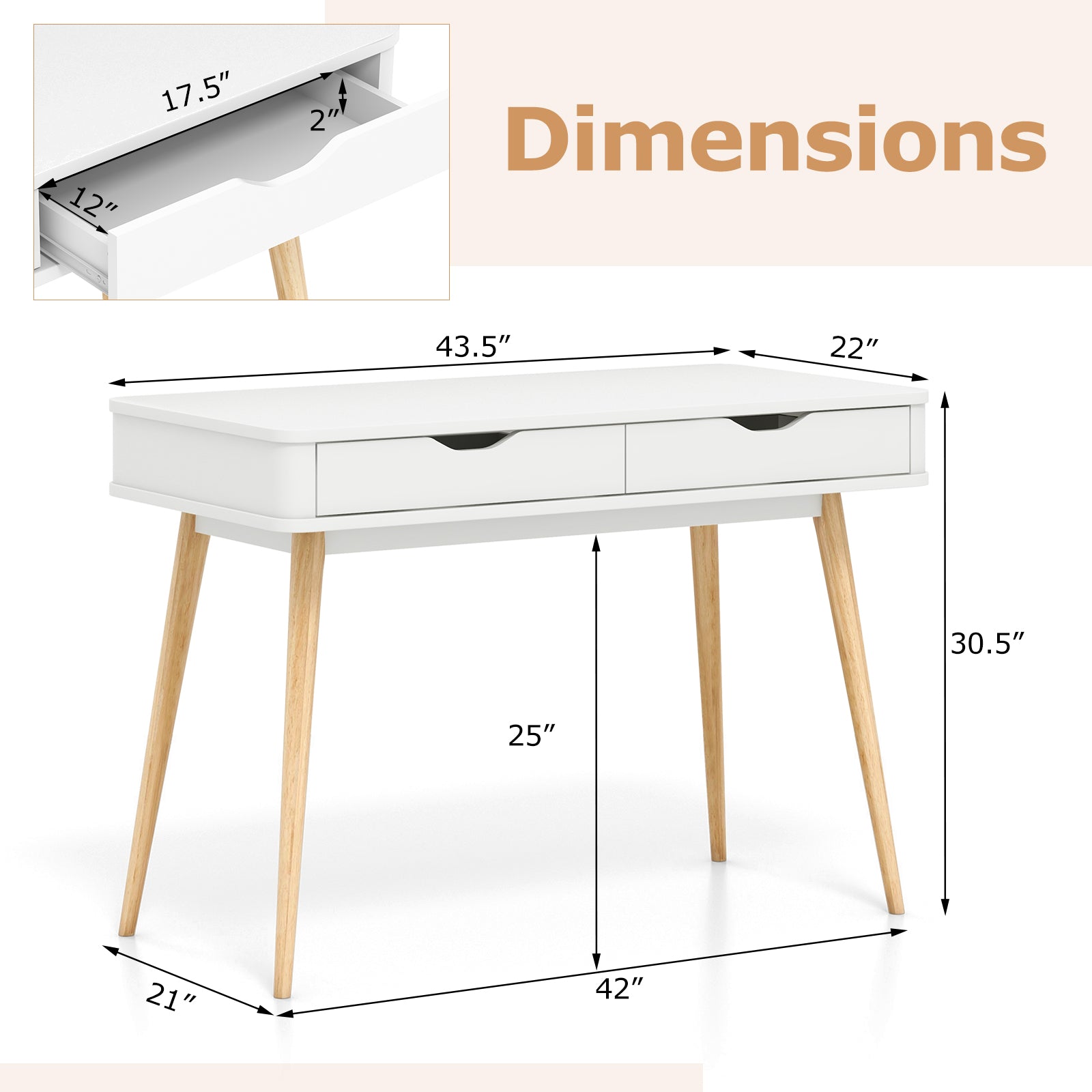 43.5 Inch Computer Desk with 2 Drawers for Small Spaces-White