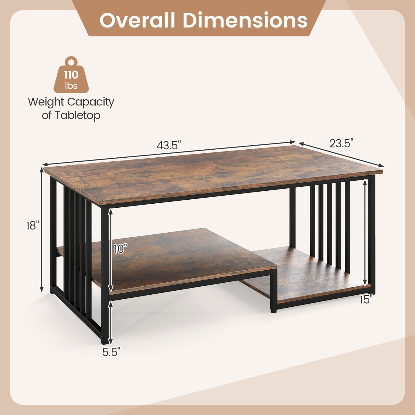43.5" Coffee Table 2-Tier with Open Storage Shelf
