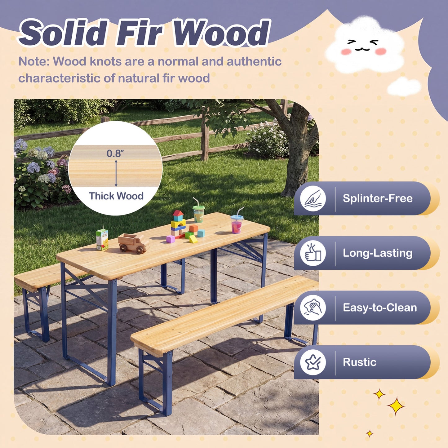 43.5 Inch Folding Kids Picnic Table & Bench Set No Assembly Wooden Toddler Table