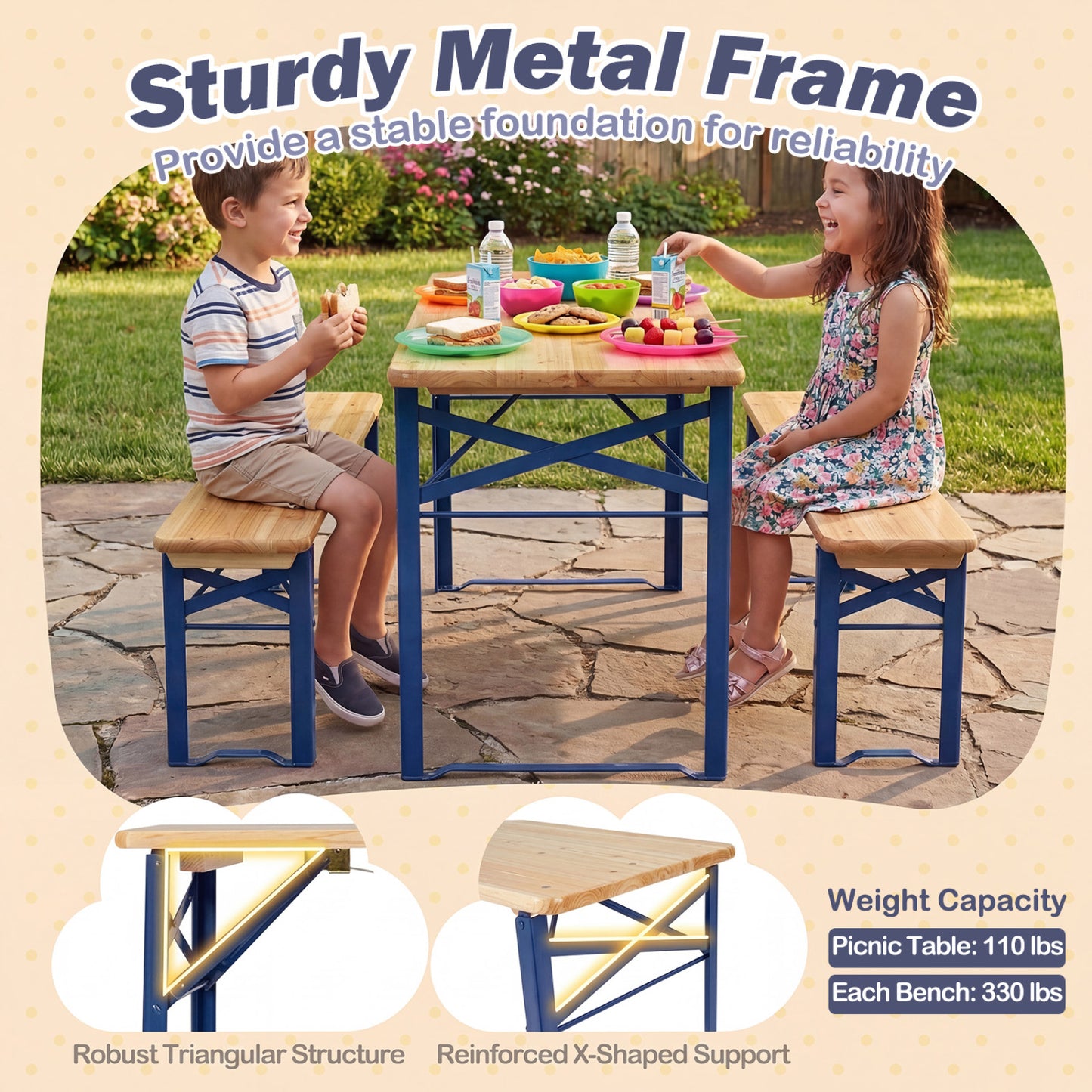 43.5 Inch Folding Kids Picnic Table & Bench Set No Assembly Wooden Toddler Table